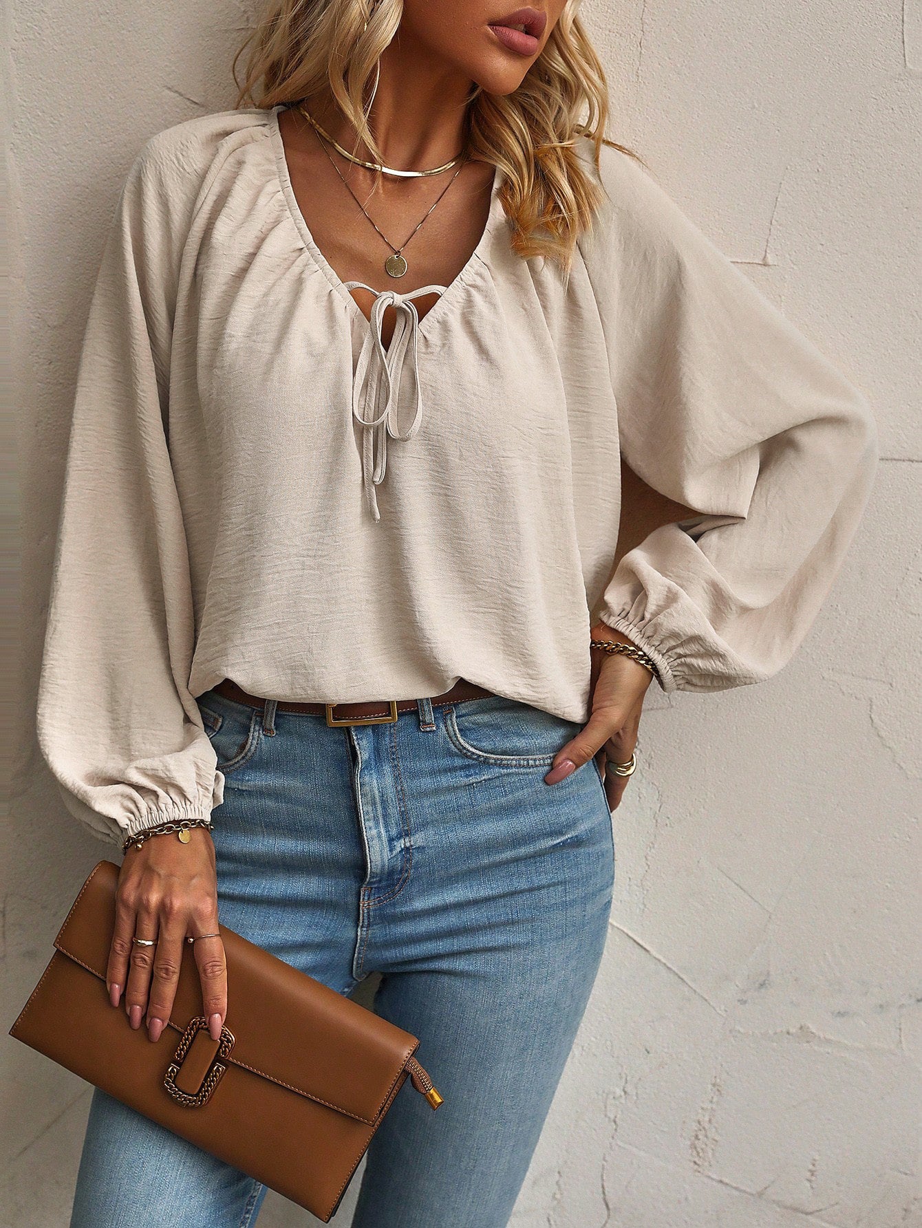 Tie Front V Neck Blouse Raglan Sleeve Relaxed Top