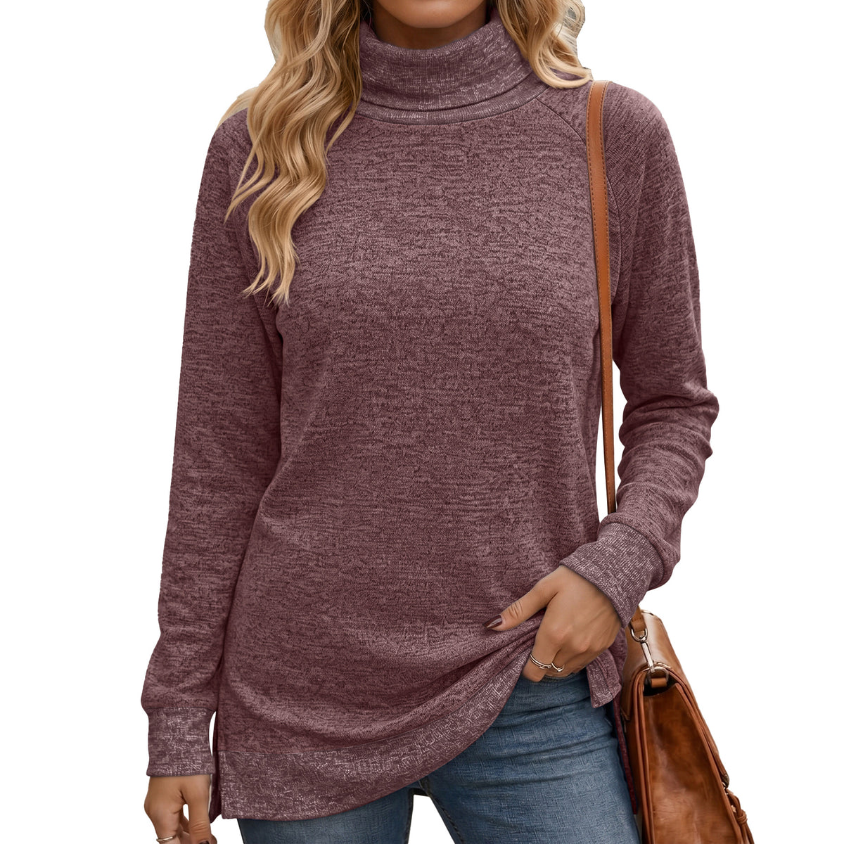 Color Block Turtleneck Long Sleeve Side Slit Tunic Top