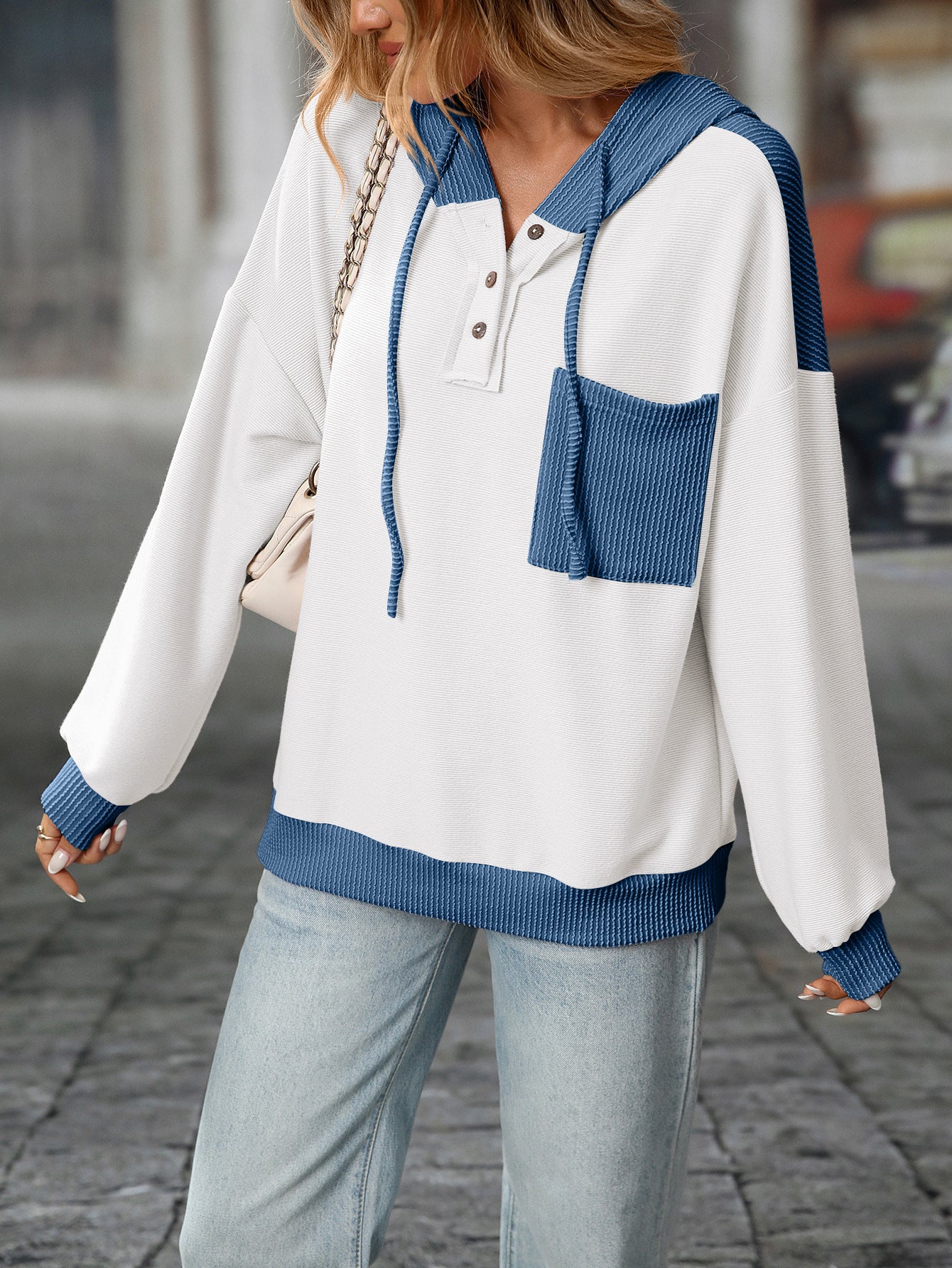 2025 Fall/Winter Colorblock Knit Trim Hoodie – Casual Pullover Sweatshirt
