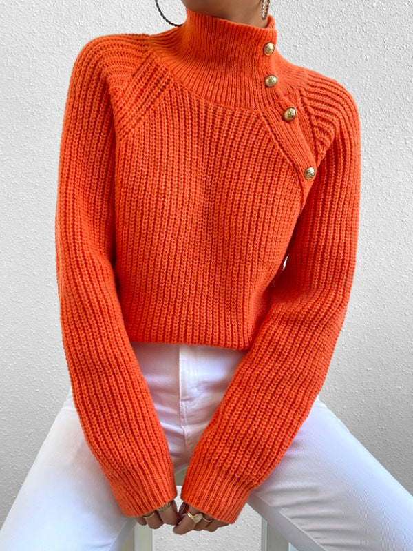 Women's Mock Neck Button Ribbed Pullover Sweater