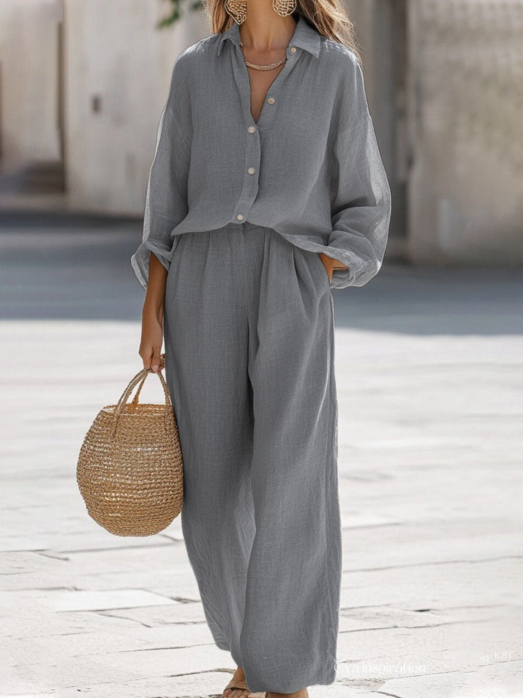 Women's 2 Piece Button Down Shirt & Wide Leg Pants Set