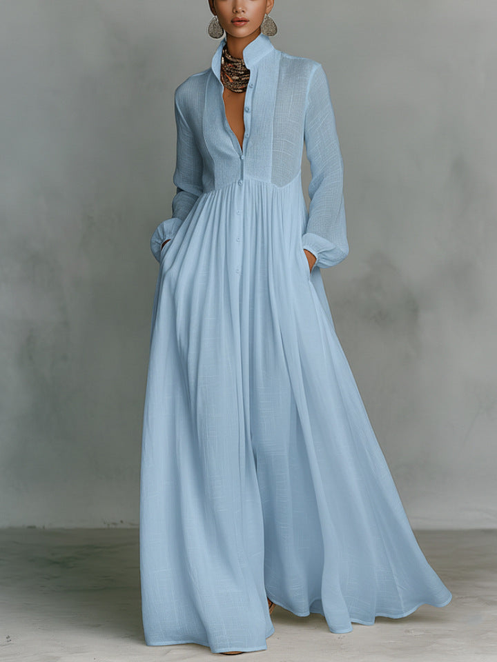 Elegant Vintage Maxi Dress Long Sleeve A-Line Button Down
