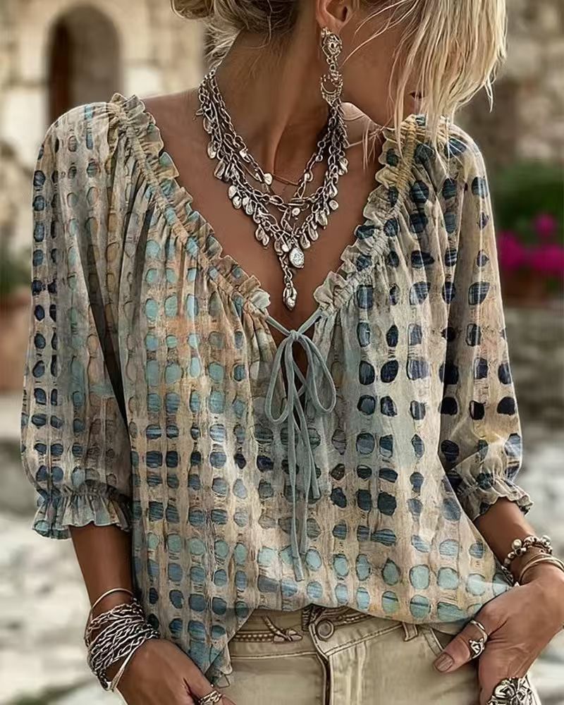 Boho Polka Dot Tie Front V Neck 3/4 Sleeve Blouse