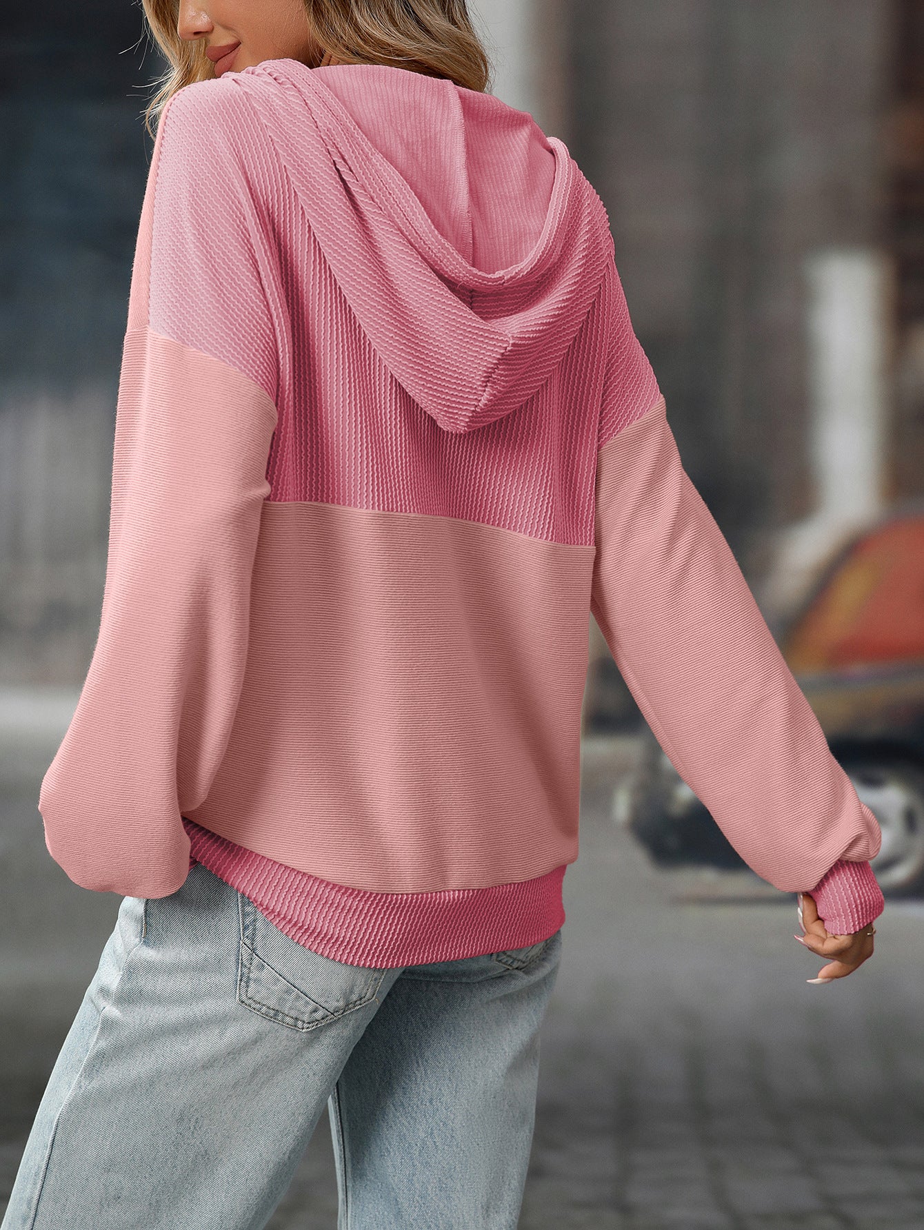 2025 Fall/Winter Colorblock Knit Trim Hoodie – Casual Pullover Sweatshirt