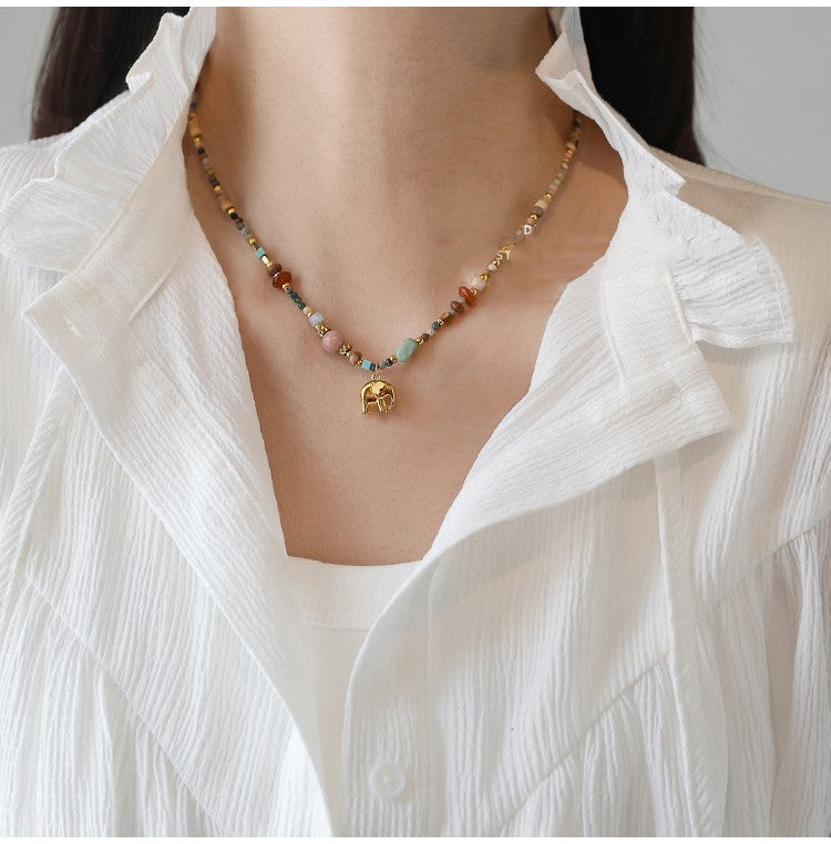 Boho Natural Stone Beaded Elephant Choker Necklace