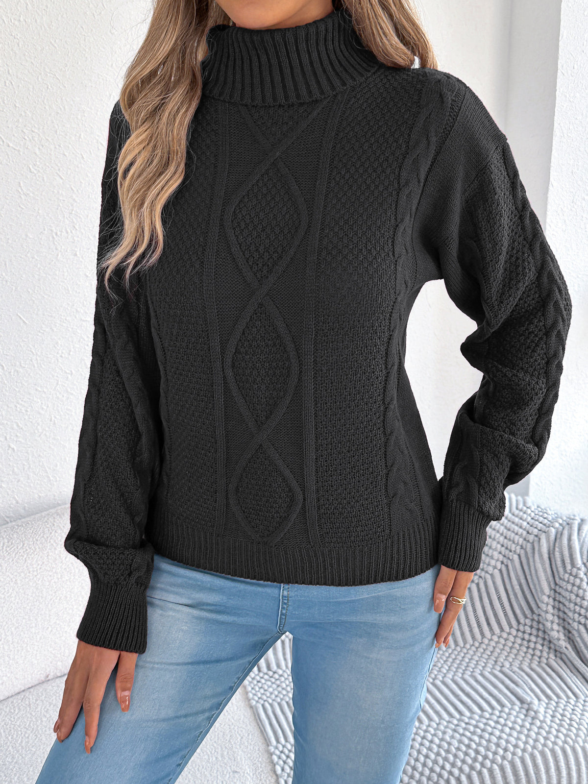 Women's Cable Knit Turtleneck Sweater Balloon Sleeve