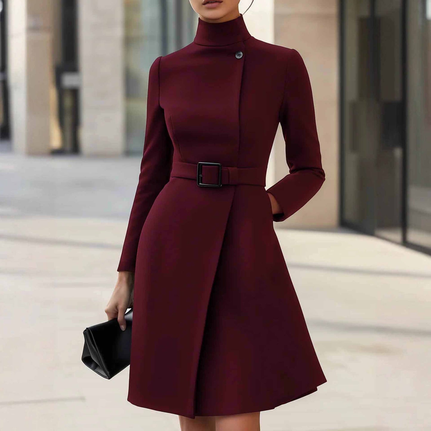 Women Mock Neck Long Sleeve Zip Front Belted A-Line Dress