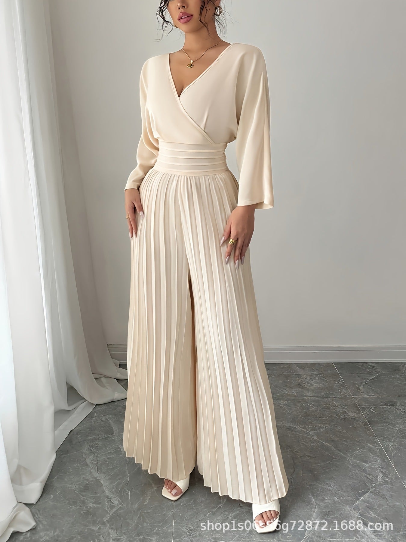 V-Neck Tie Back Pleated Wide Leg Jumpsuit