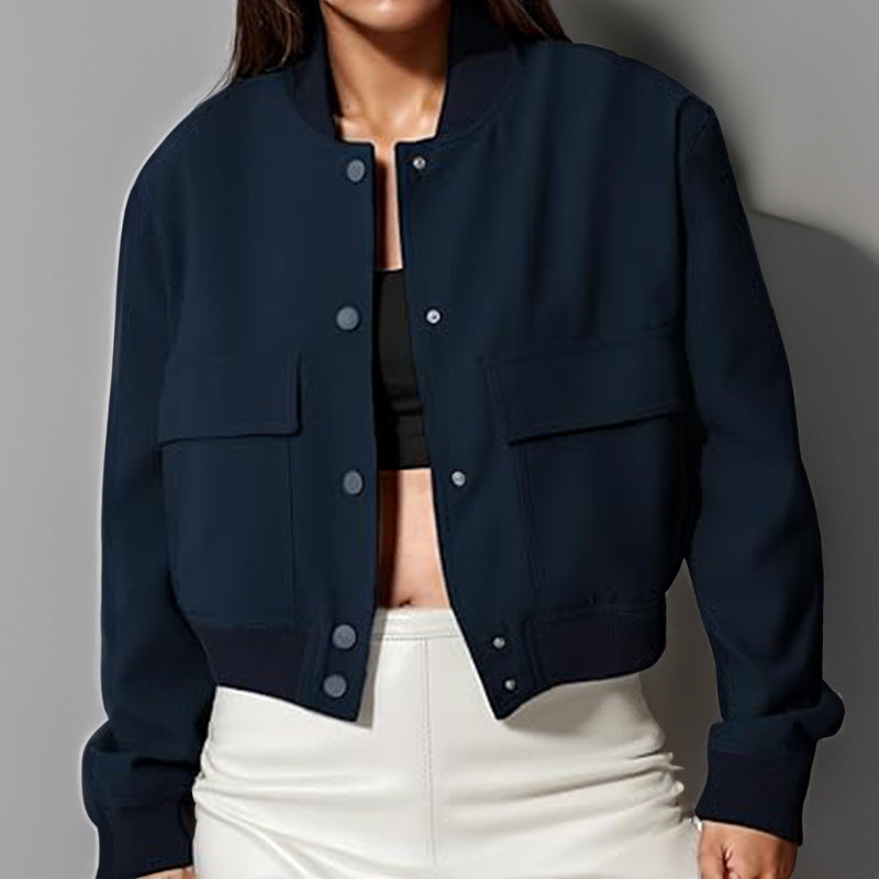 Women's Cropped Utility Jacket Stand Collar Button Front