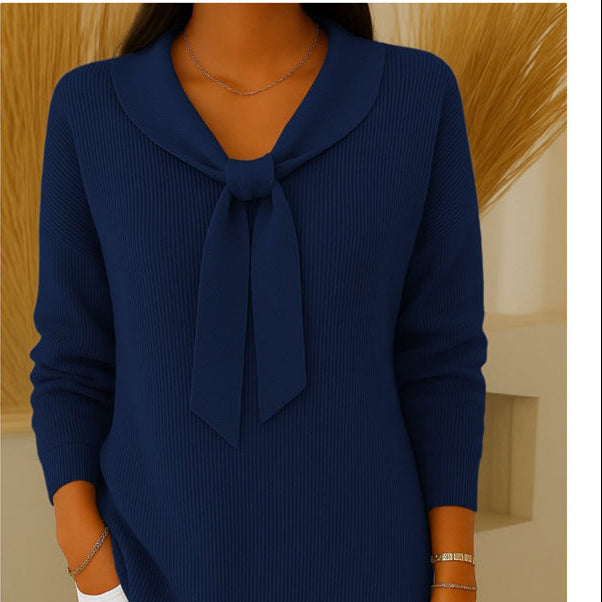 Women's Bow Tie Knit Sweater Casual Long Sleeve Top