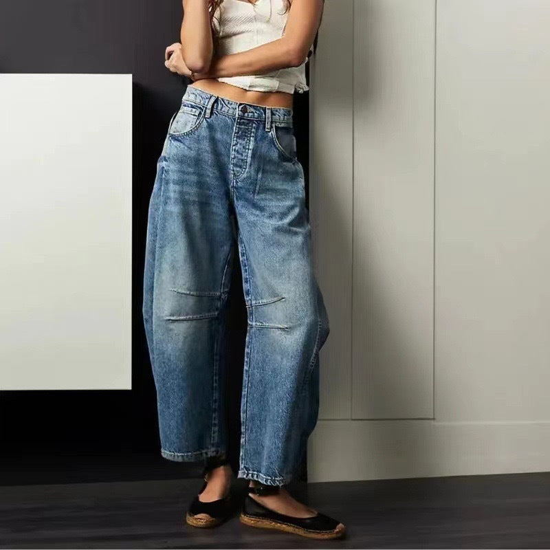Women's Baggy Cropped Jeans Relaxed Fit Stretch