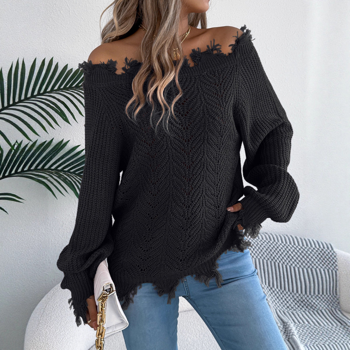 Women's Off Shoulder Distressed Crochet Sweater Top