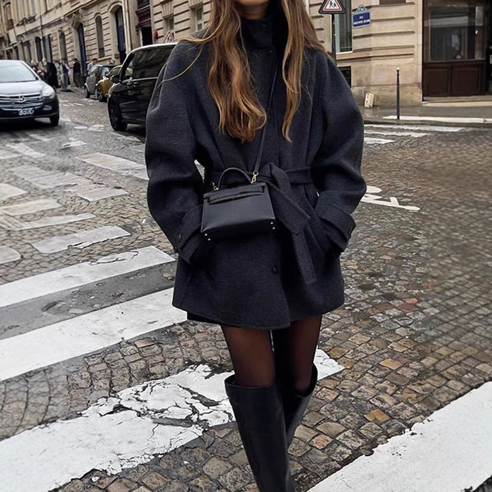 Women's Belted Stand Collar Coat Mid-Length Black