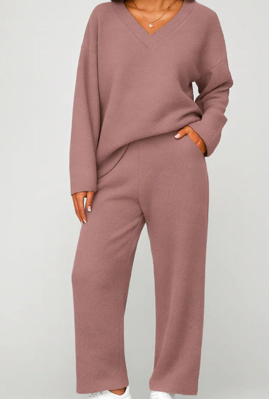 Women's V Neck Knit Two Piece Lounge Set Wide Leg Pants