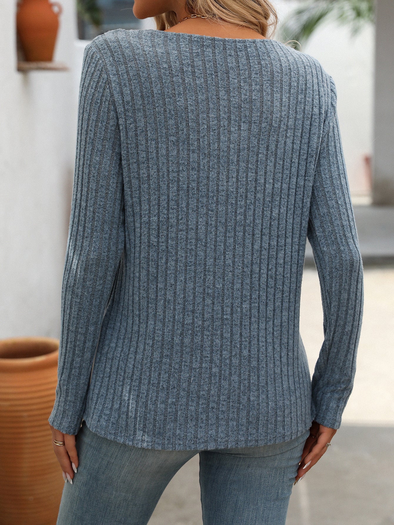 Ribbed V Neck Button Detail Long Sleeve Top