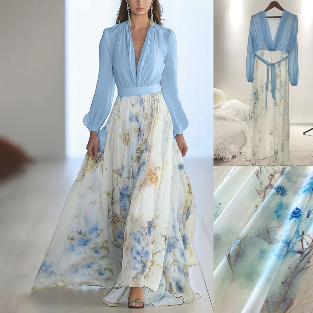 Floral Chiffon Maxi Dress Long Sleeve V-Neck Belted