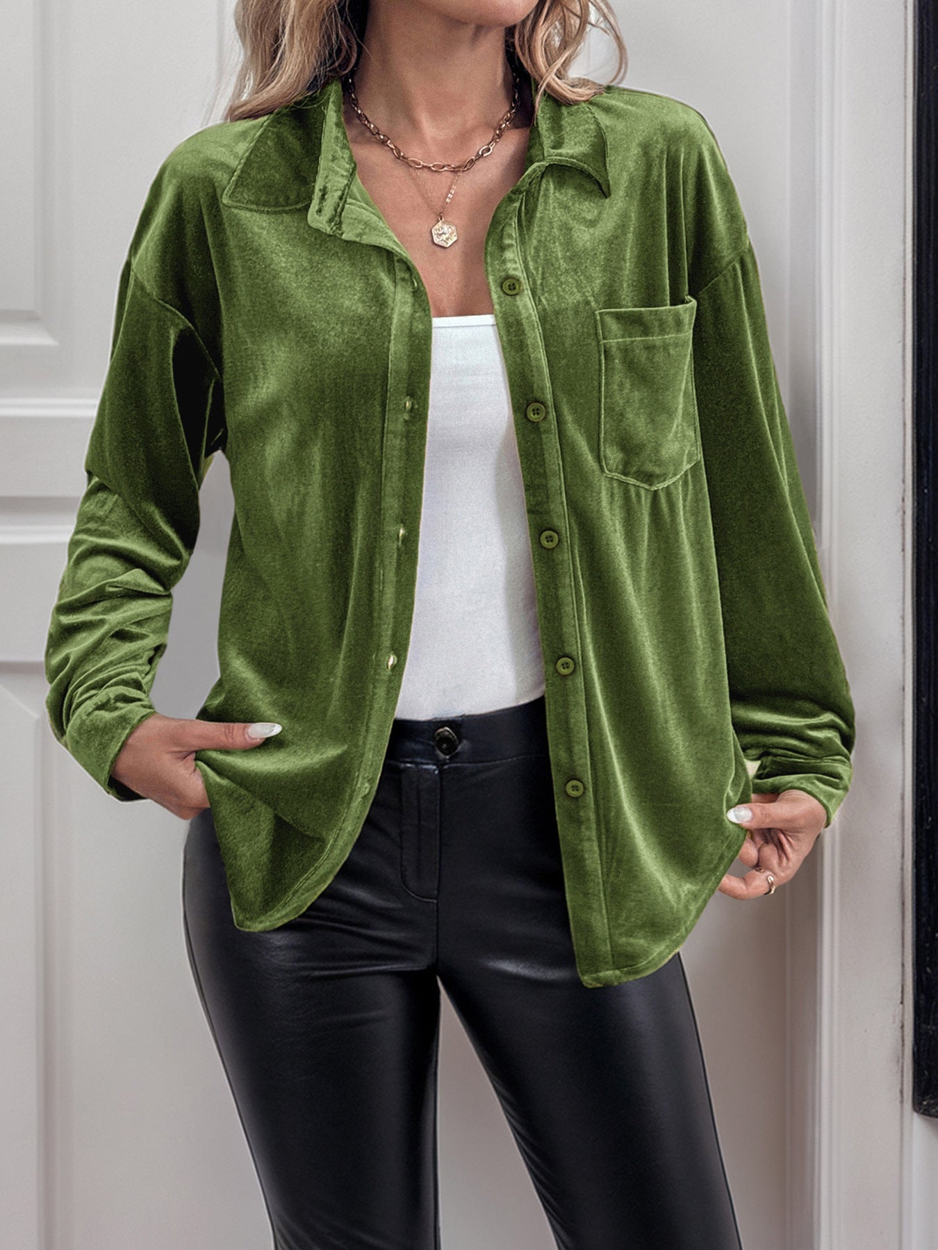 Solid Velvet Button-Up Lantern Sleeve Collared Blouse