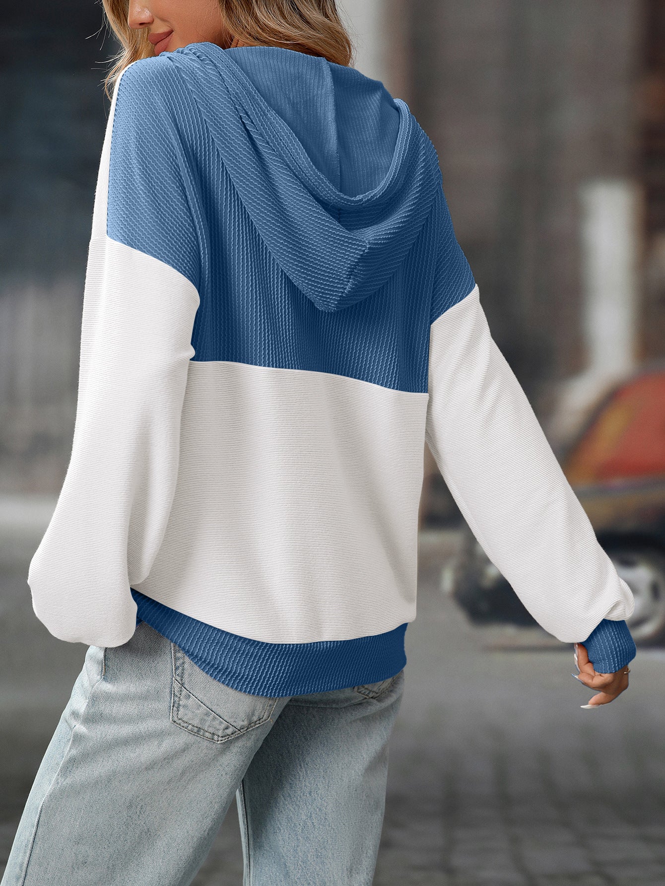 2025 Fall/Winter Colorblock Knit Trim Hoodie – Casual Pullover Sweatshirt