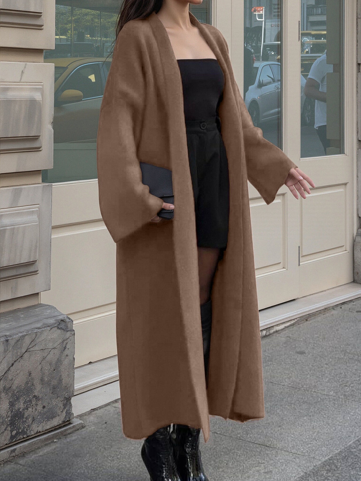 Oversized Maxi Knit Cardigan Open Front Lapel