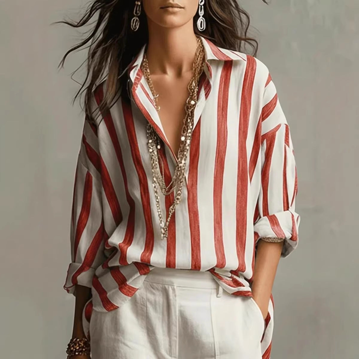 Women's Oversized Striped Collared Shirt Long Sleeve
