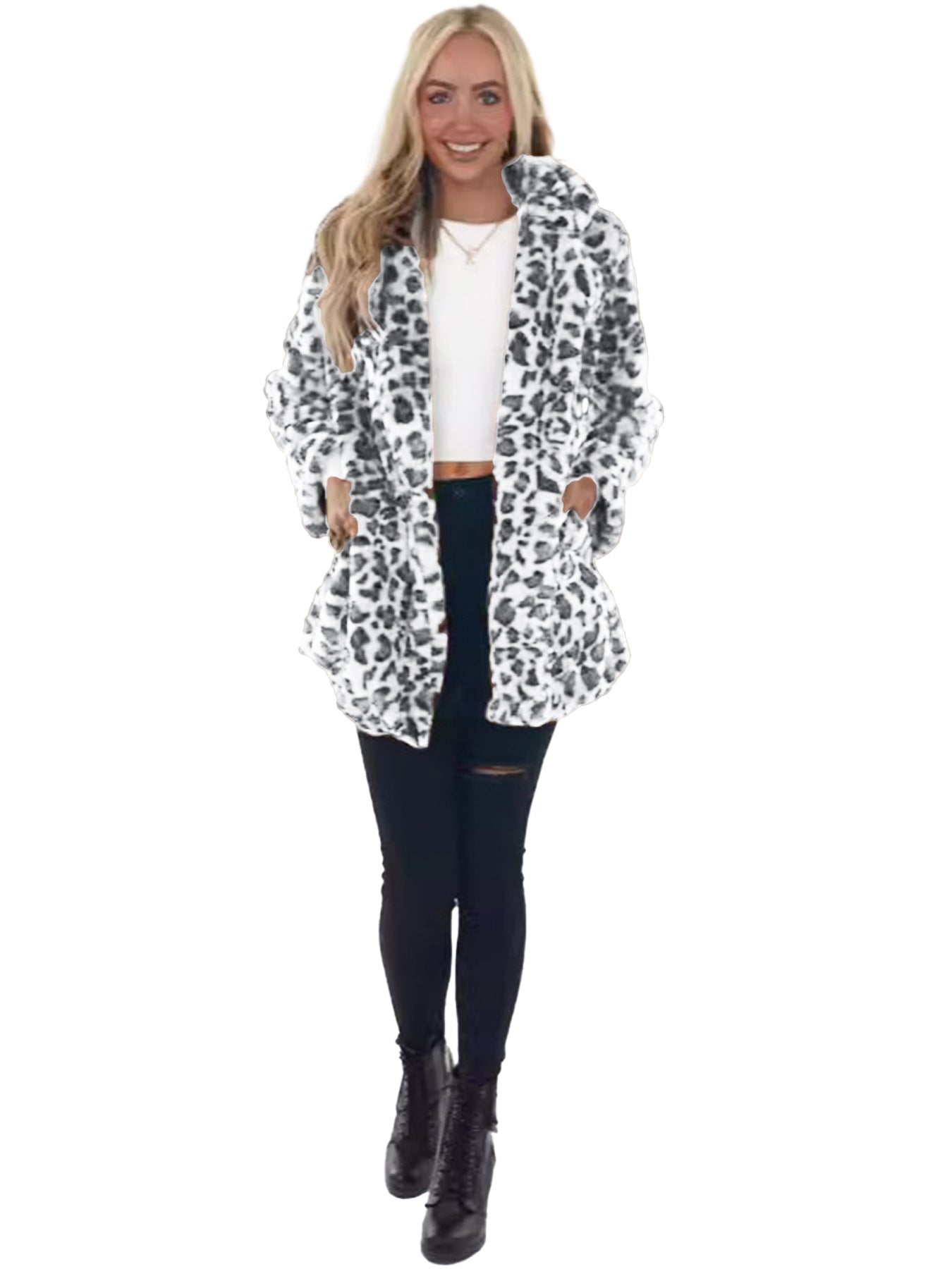Women's Leopard Faux Fur Coat Open Front Oversized