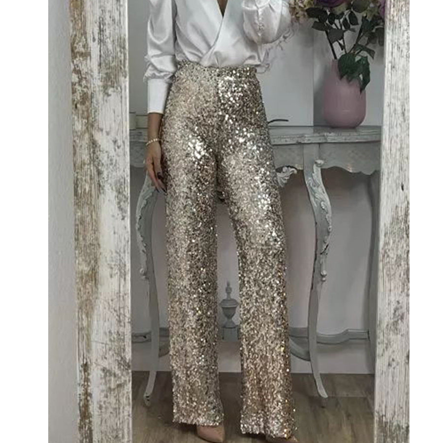 Sequin Flare Pants Women Stretchy Glitter Party Trousers