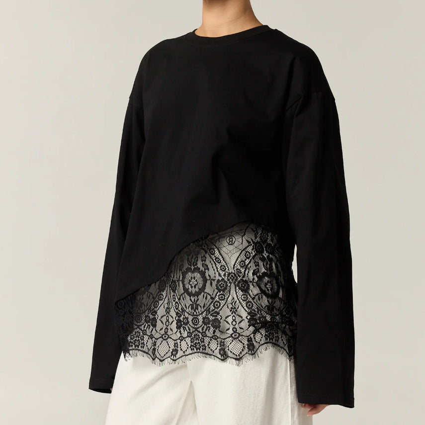 Women's Lace Hem Long Sleeve Top Relaxed Fit Cotton Tee