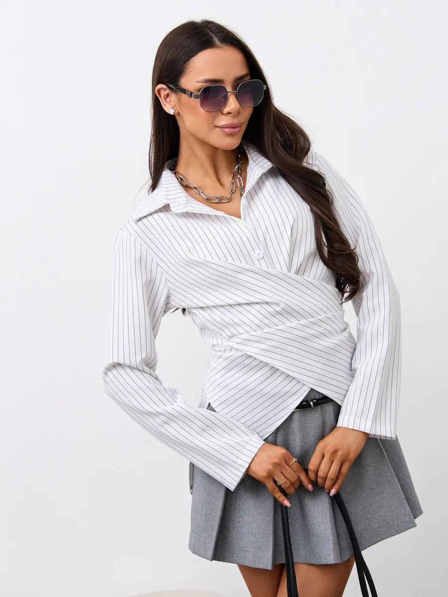 Women's Striped Wrap Blouse Long Sleeve Collared Top