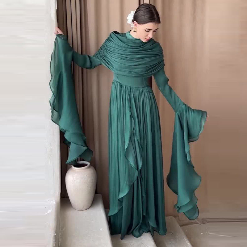 Women's Elegant Pleated Long Sleeve Maxi Dress