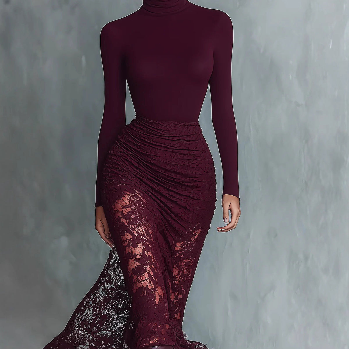 Women's Burgundy Lace Long Sleeve Bodycon Midi Dress
