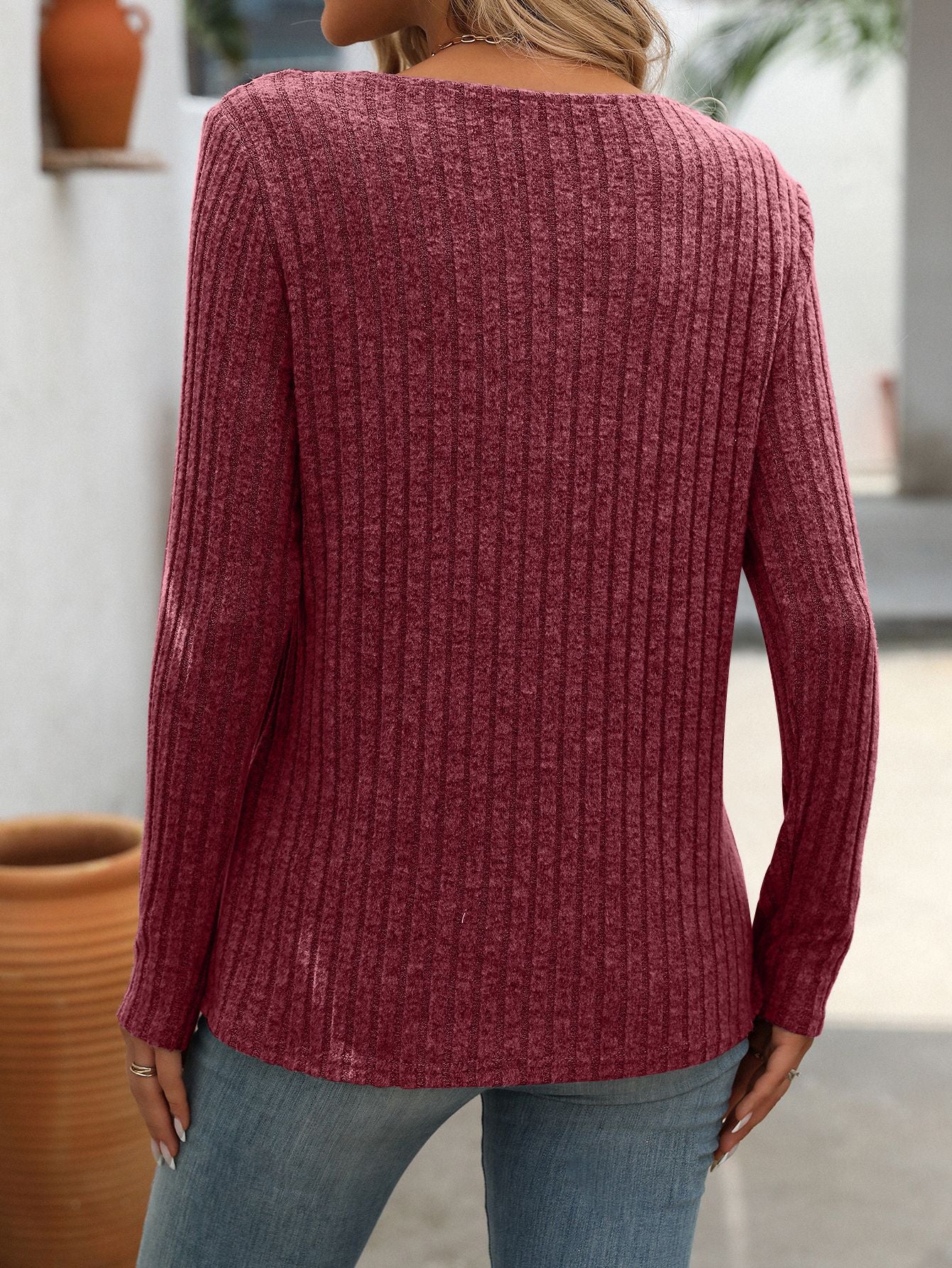 Ribbed V Neck Button Detail Long Sleeve Top