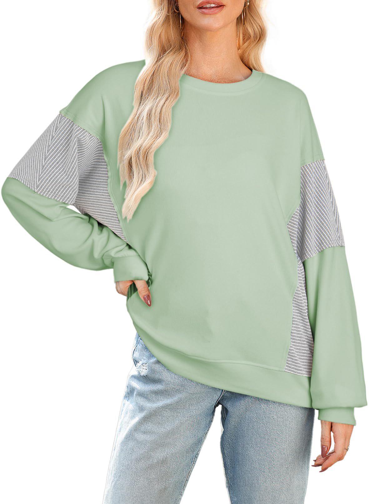 Colorblock Striped Sweatshirt Women Casual Pullover Top