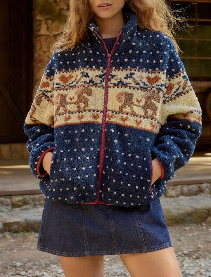 Women's Christmas Reindeer Fleece Zip Jacket with Pockets