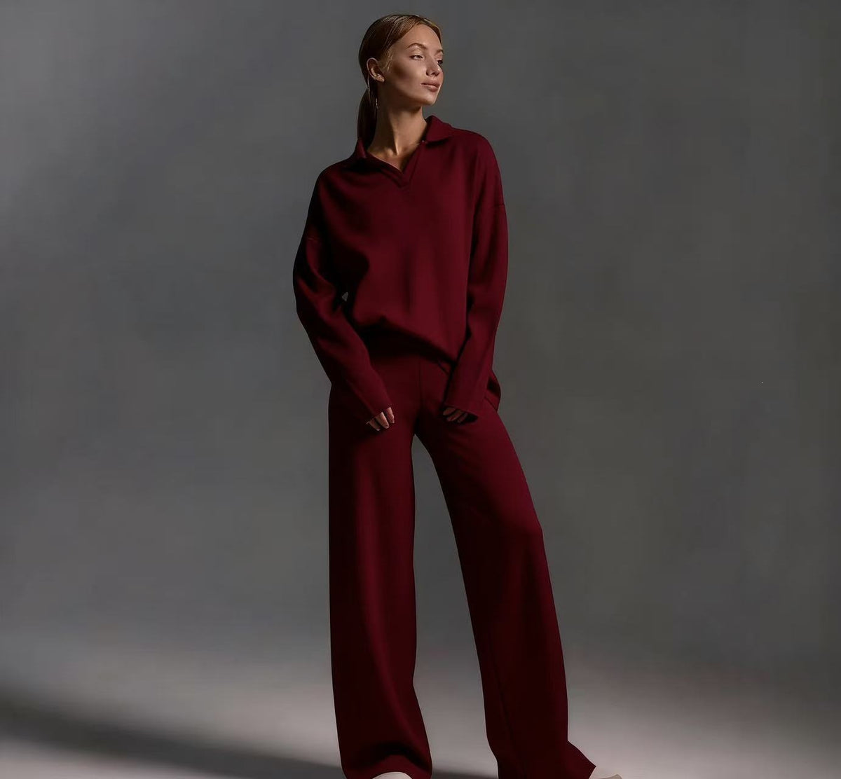Women's Cozy Polo Top Wide Leg Pants Matching Set