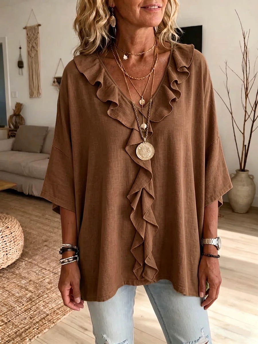 Women's Ruffle V Neck 3/4 Sleeve Casual Blouse Top