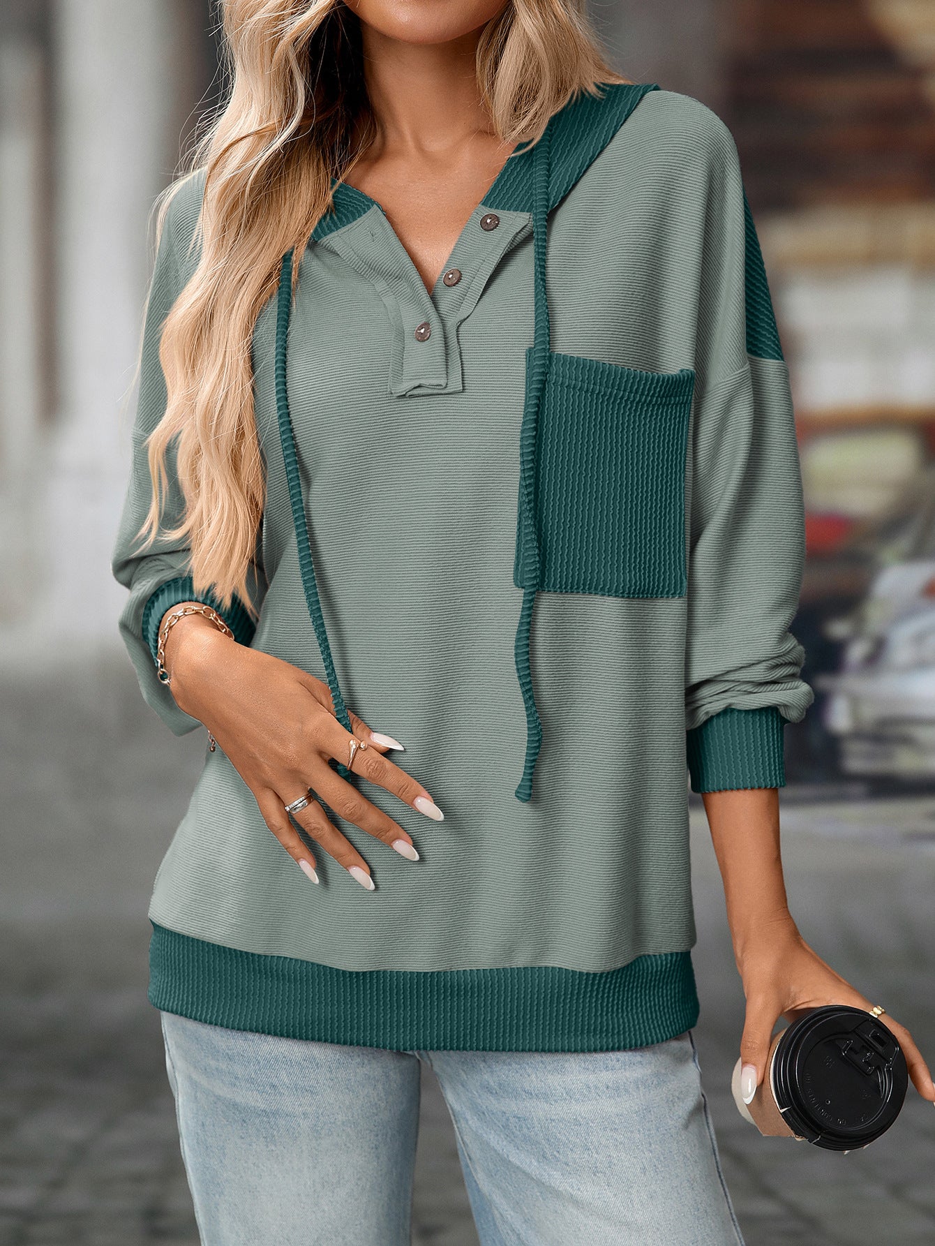 2025 Fall/Winter Colorblock Knit Trim Hoodie – Casual Pullover Sweatshirt