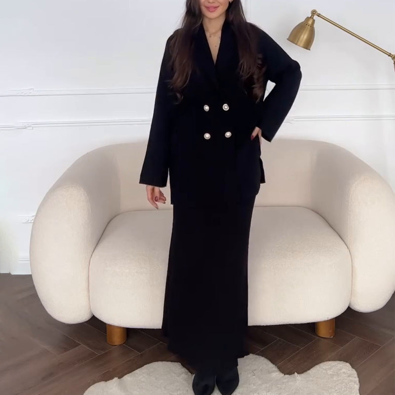 Elegant Two Piece Button Cardigan Maxi Skirt Set