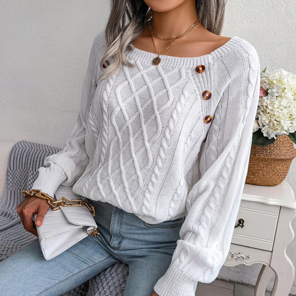 2025 Fall Winter Casual Square Neck Button Detail Cable Knit Sweater