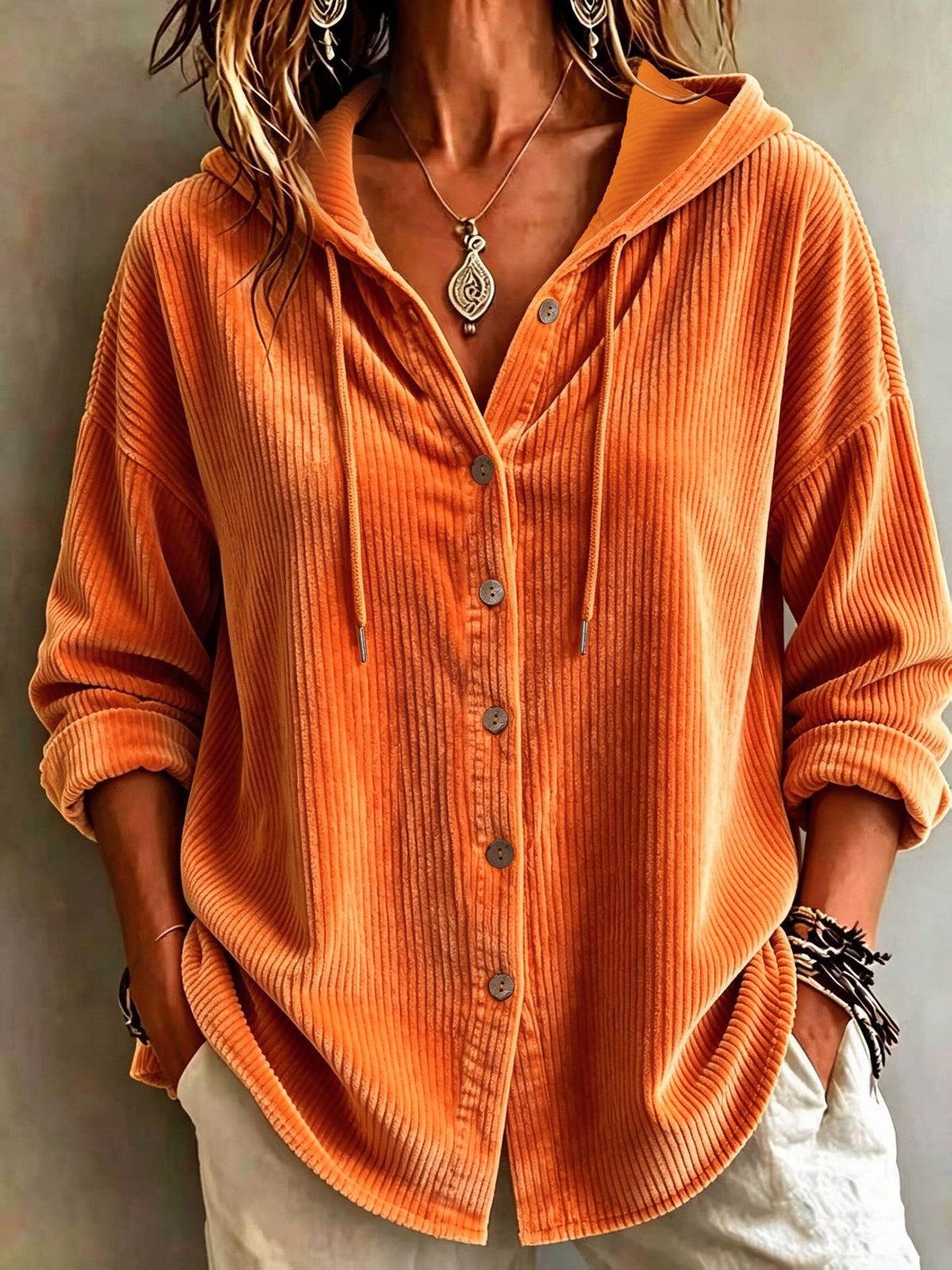 Womens Corduroy Hooded Button Down Shirt Jacket