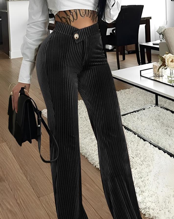 Women High Waist Ribbed Velvet Wide Leg Pants