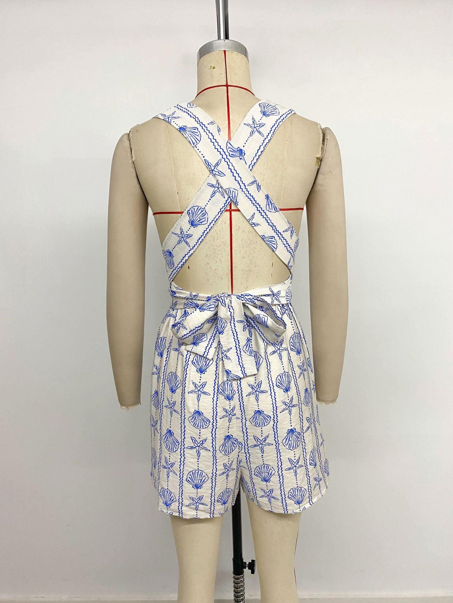 Ocean Print Halter Romper Beach Vacation Jumpsuit