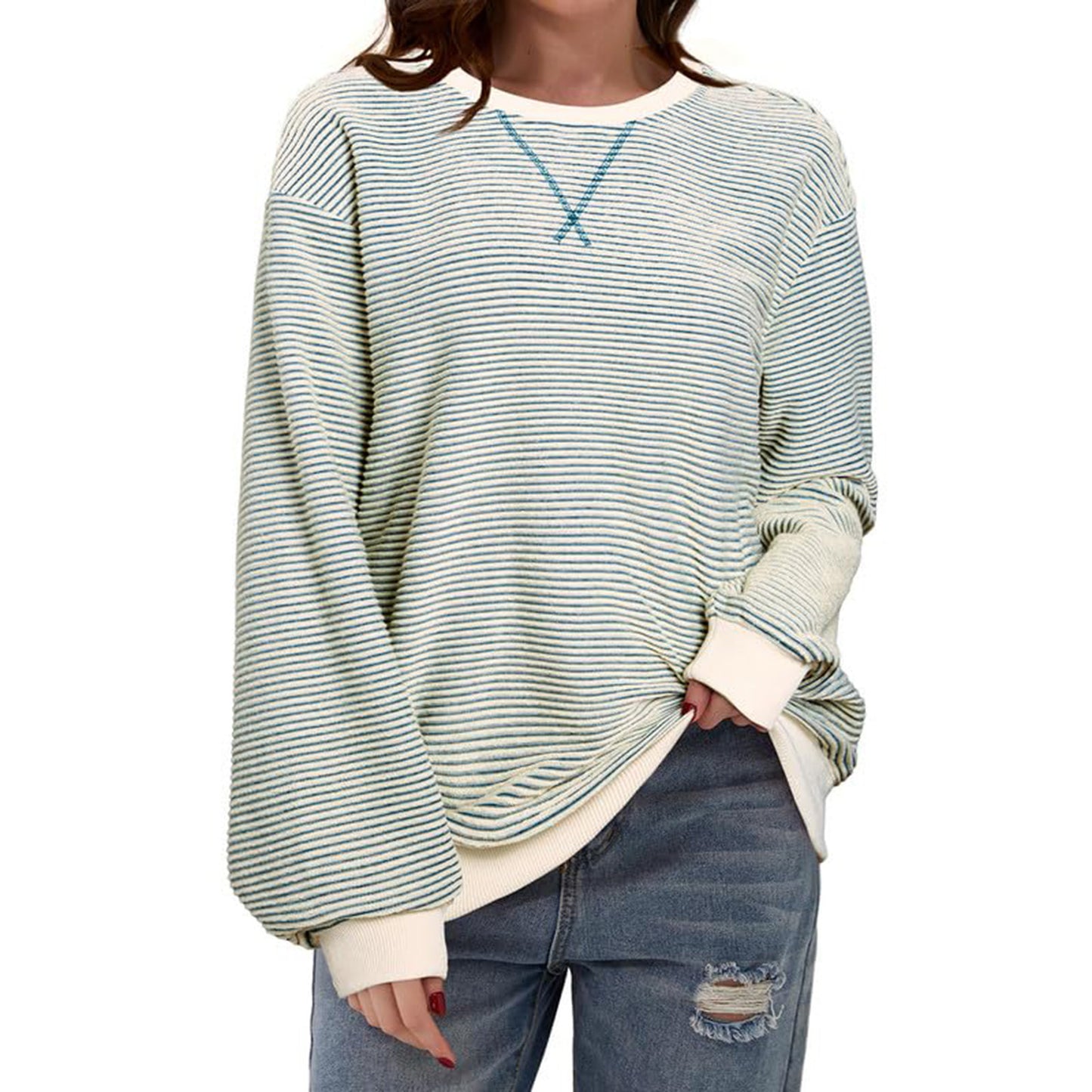 Women's Striped Oversized Color Block Long Sleeve Top
