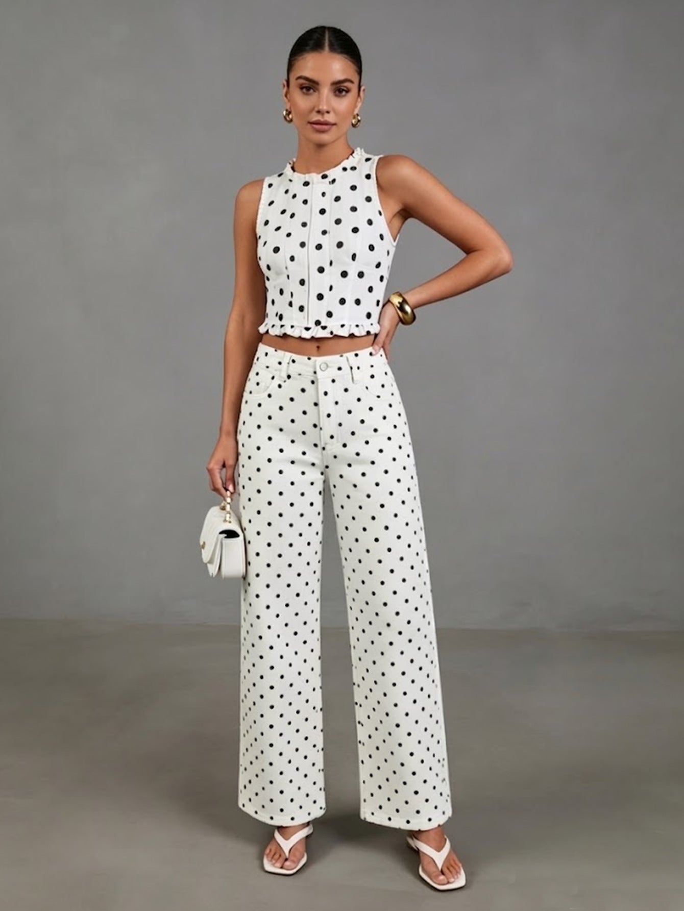 Women's Polka Dot High Waist Wide Leg Washed Denim Jeans