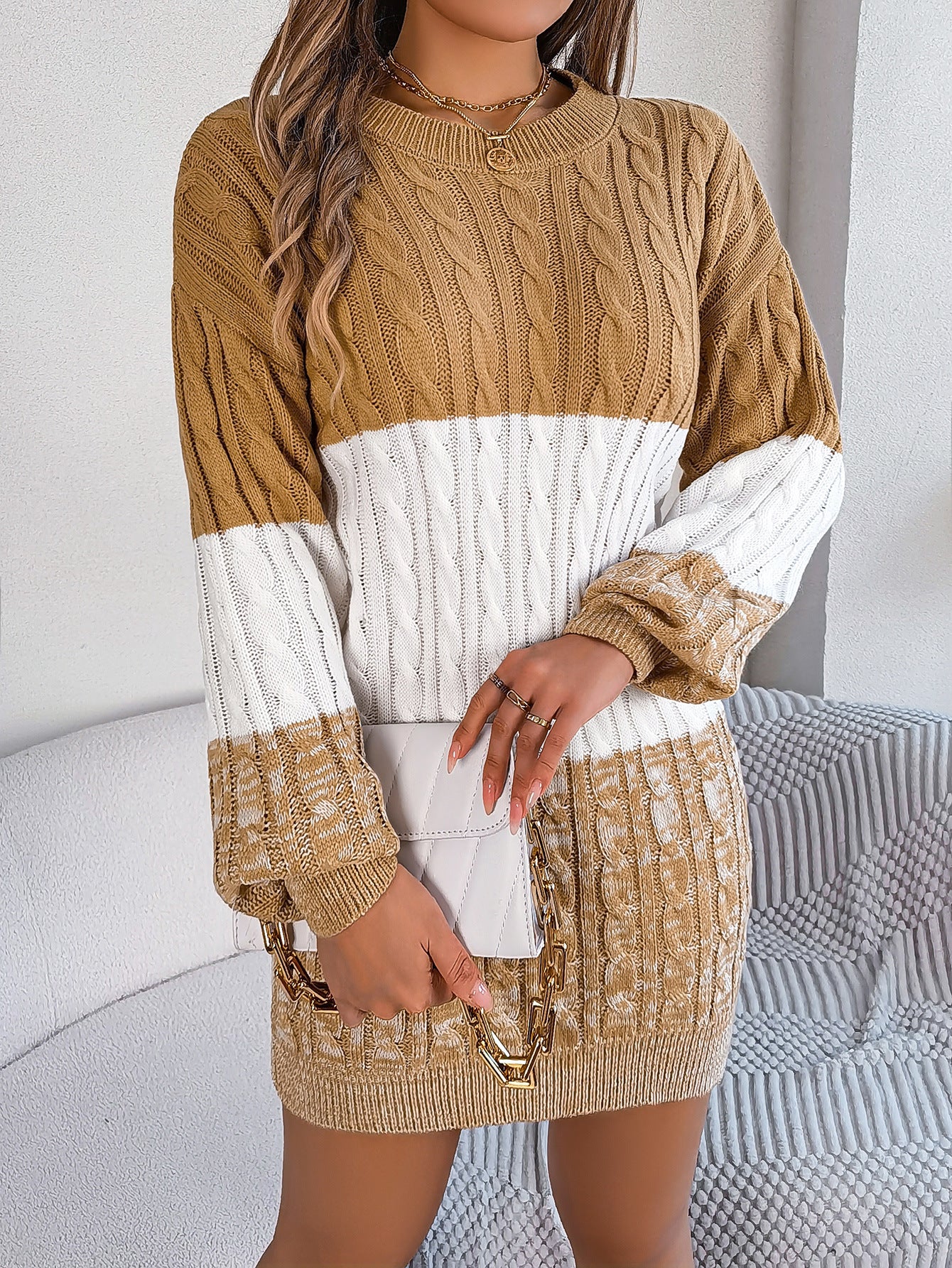 2025 Fall Winter Colorblock Cable Knit Lantern Sleeve Sweater Dress