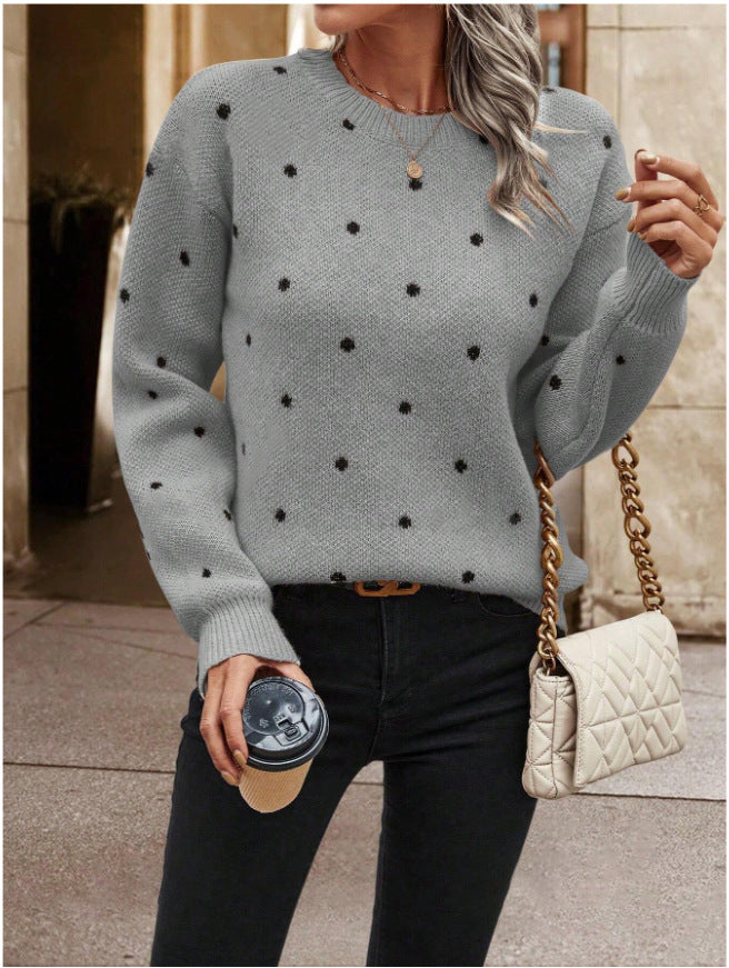 Women's Polka Dot Crew Neck Long Sleeve Sweater