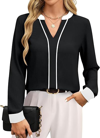 Women's V Neck Color Block Long Sleeve Business Blouse