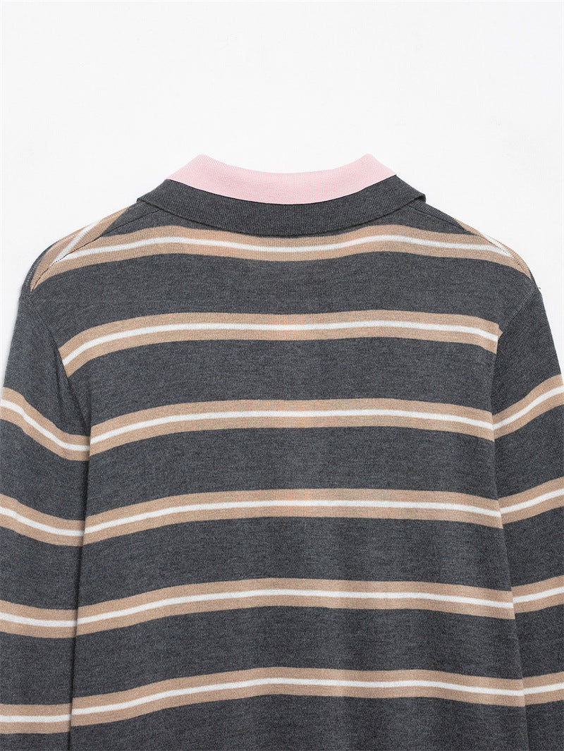 Color Block Striped Polo Cropped Knit Sweater Long Sleeve