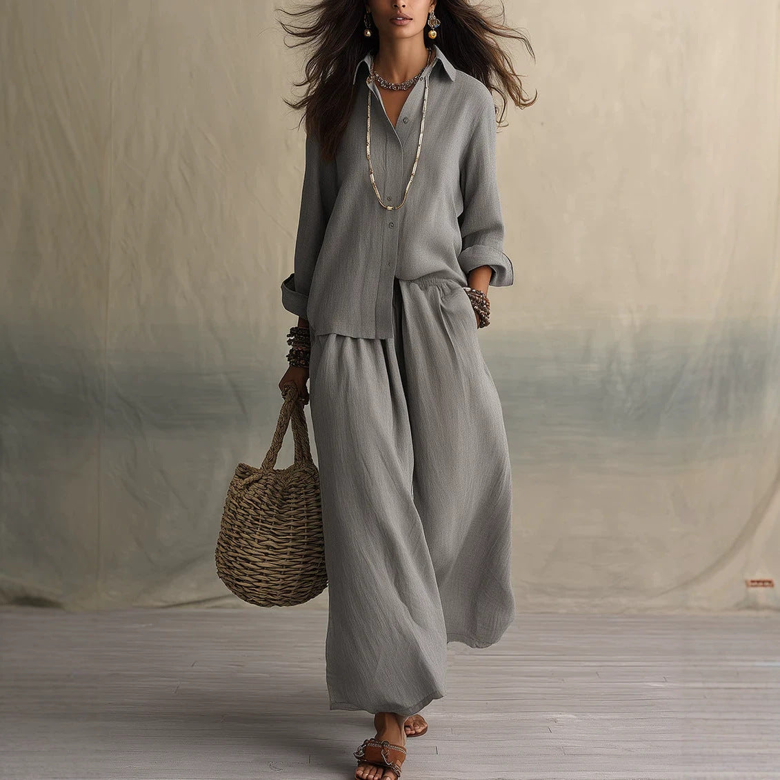 Women's Linen Blend Shirt & Wide Leg Pants Matching Set