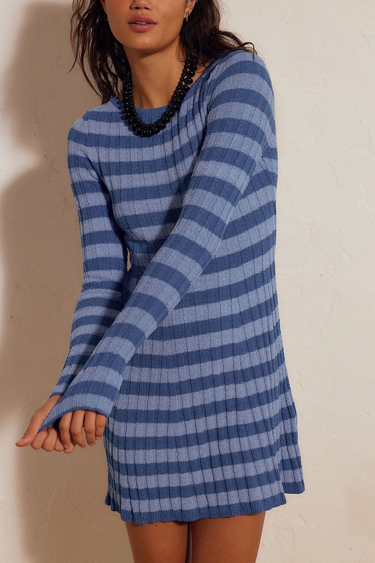 Striped Knit Sweater Dress Crew Neck Long Sleeve Mini Dress