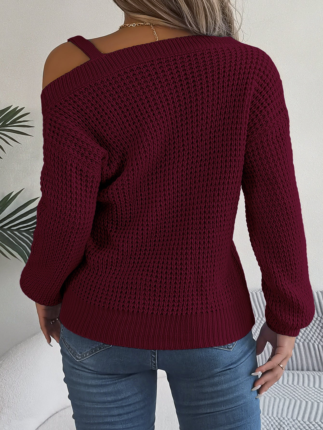 2025 Fall Winter Casual Off-Shoulder Lantern Sleeve Sweater with Metal Accents